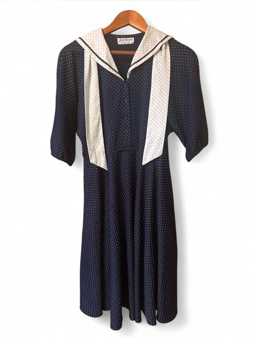 Navy Polka Dot Midi Dress with Contrast Sailor Collar